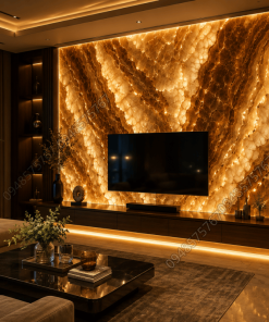Không gian trở nên ấm cúng và sang trọng nhờ vách đá Onyx Nâu phát sáng