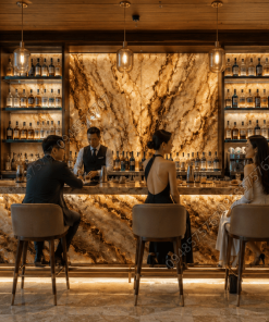 Quầy bar nhà hàng ốp Mẫu Đá Onyx Nâu toát lên vẻ đẹp đẳng cấp
