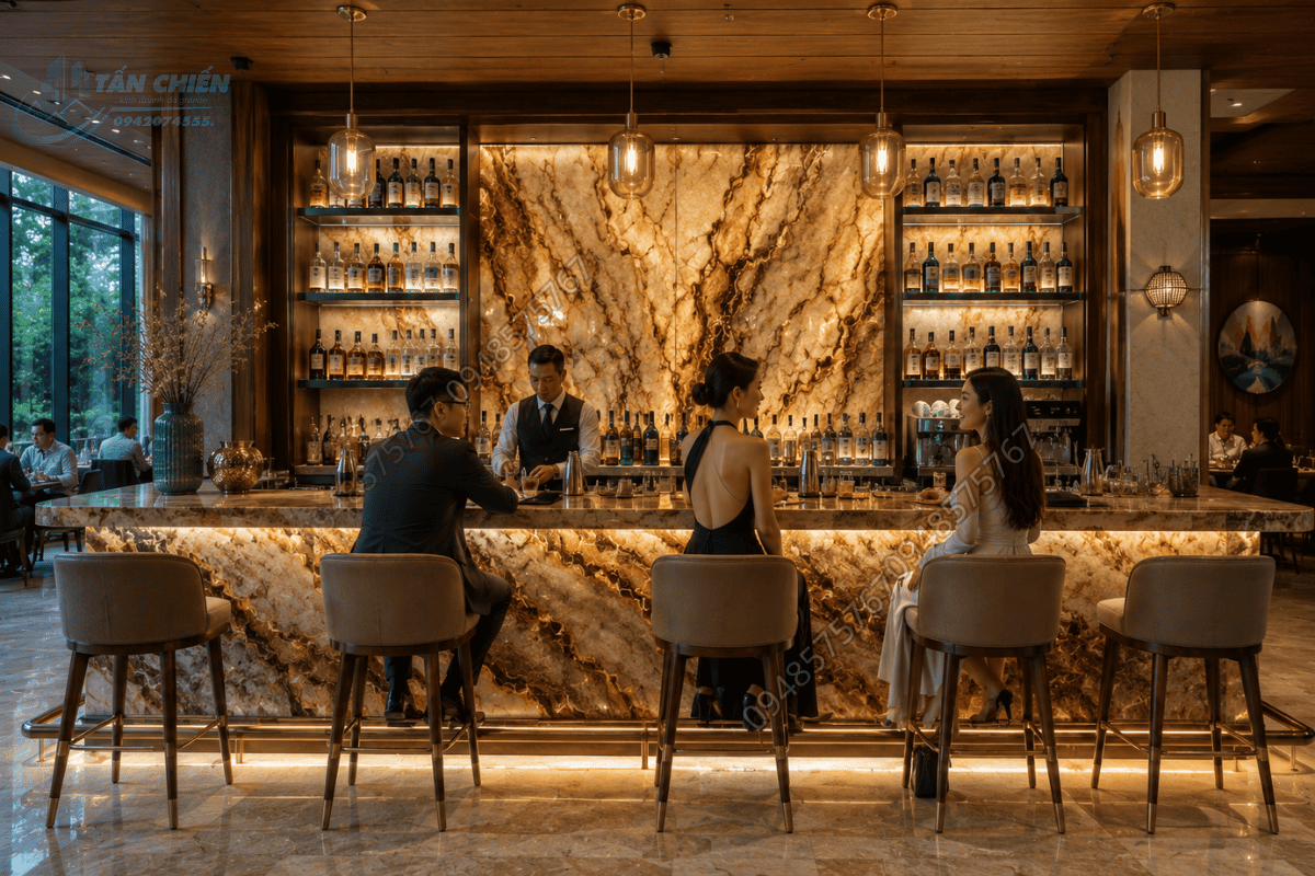 Quầy bar nhà hàng ốp Mẫu Đá Onyx Nâu toát lên vẻ đẹp đẳng cấp