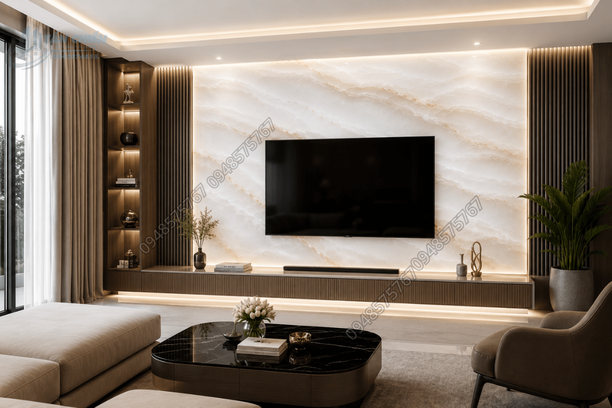 Mẫu Đá Onyx Trắng ốp vách tivi phòng khách hiện đại