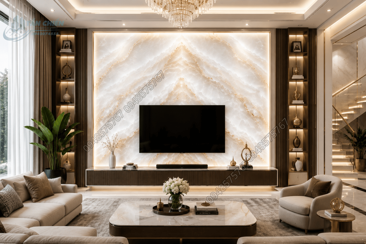 Tranh Mẫu Đá Onyx Trắng xuyên sáng trong biệt thự