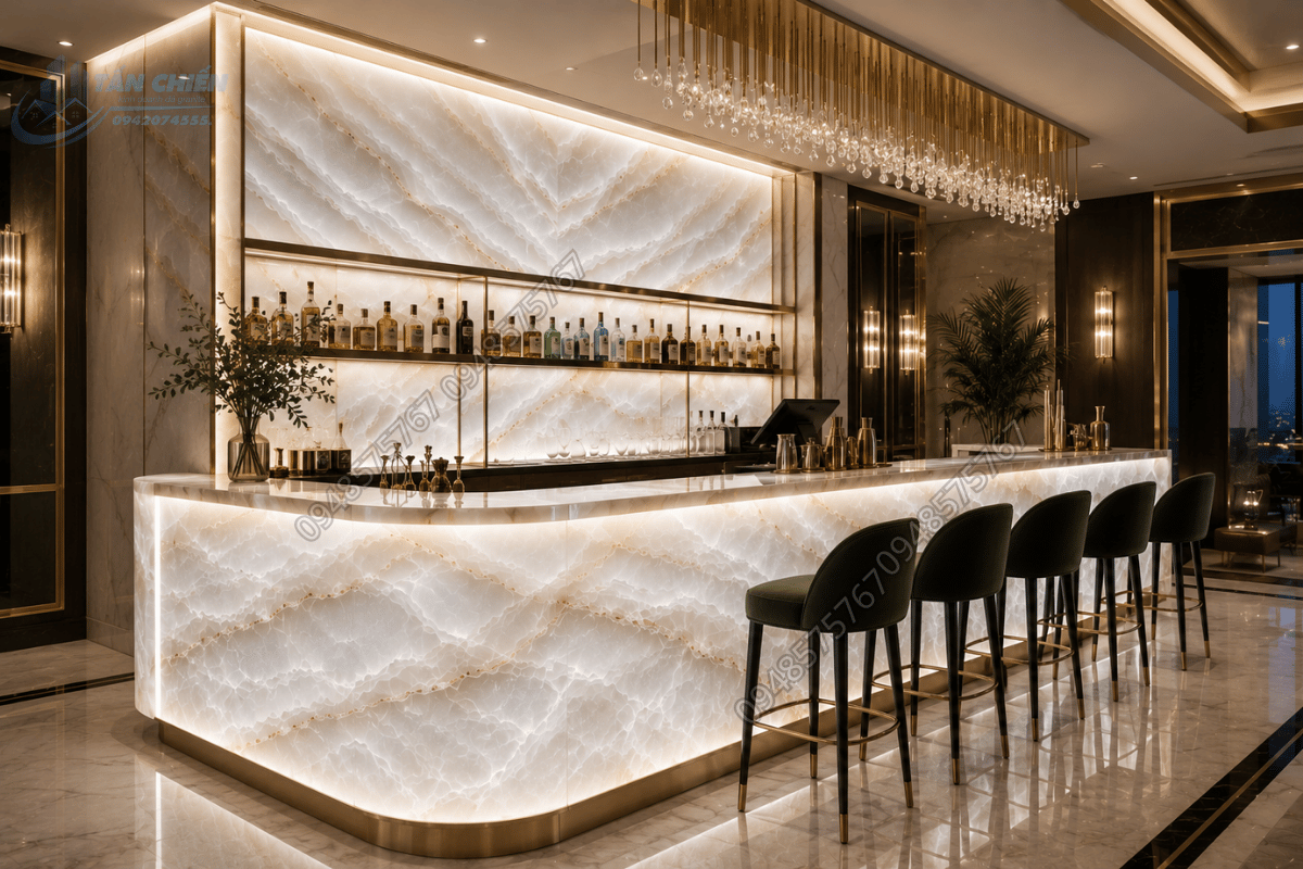 Mẫu Đá Onyx Trắng thi công quầy bar cao cấp