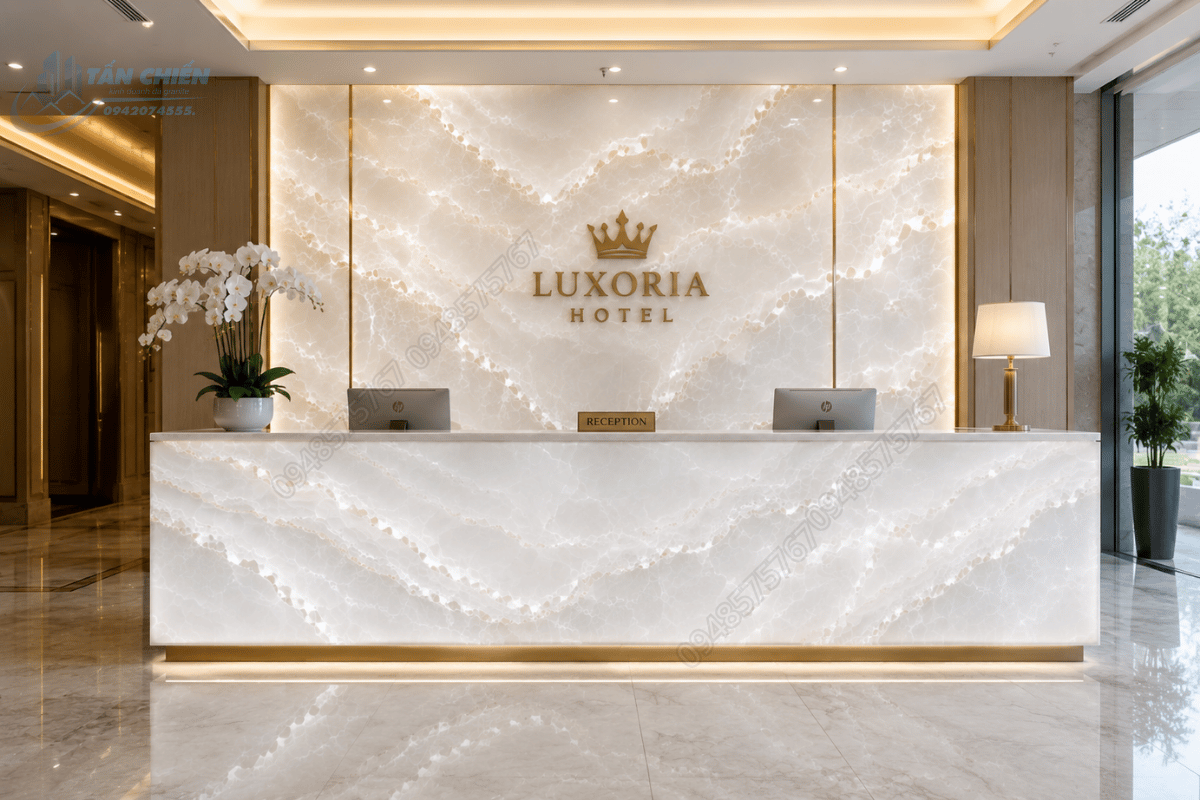 Mẫu Đá Onyx Trắng Pha Lê ốp quầy lễ tân khách sạn
