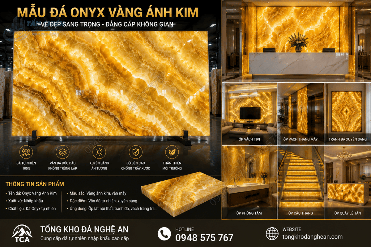 Mẫu Đá Onyx Vàng Ánh Kim nguyên tấm khổ lớn tại kho