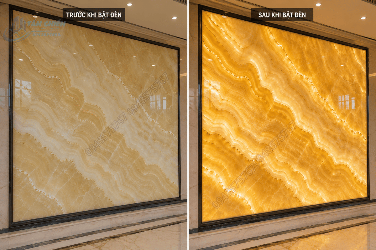 Hiệu ứng xuyên sáng của Mẫu Đá Onyx Vàng Ánh Kim khi lên đèn