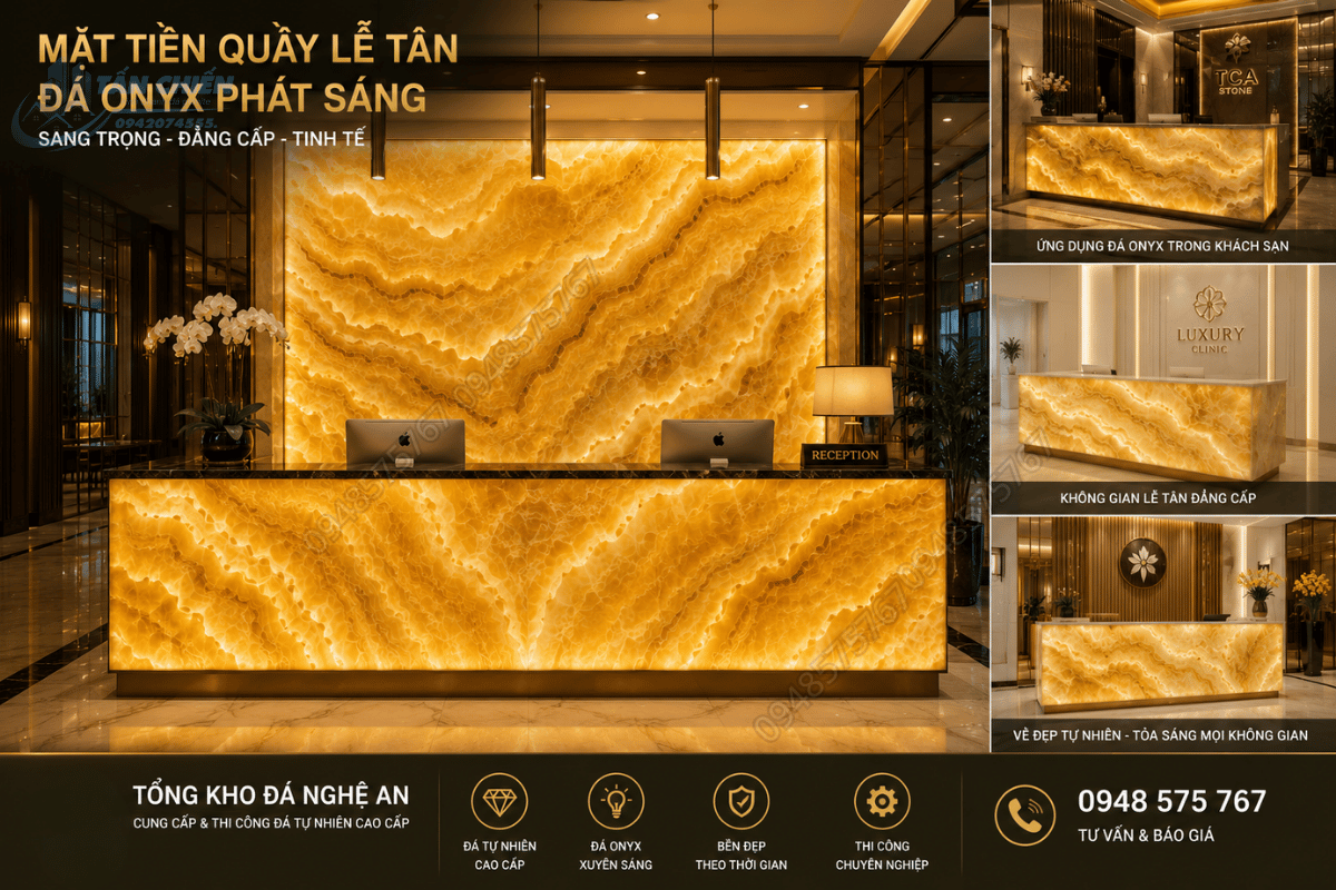 Quầy lễ tân khách sạn ốp Mẫu Đá Onyx Vàng Ánh Kim hắt sáng
