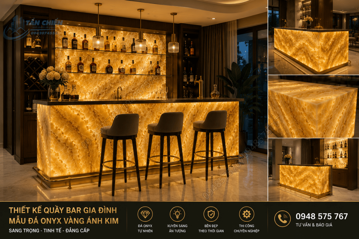 Thiết kế quầy Bar gia đình bằng Mẫu Đá Onyx Vàng Ánh Kim