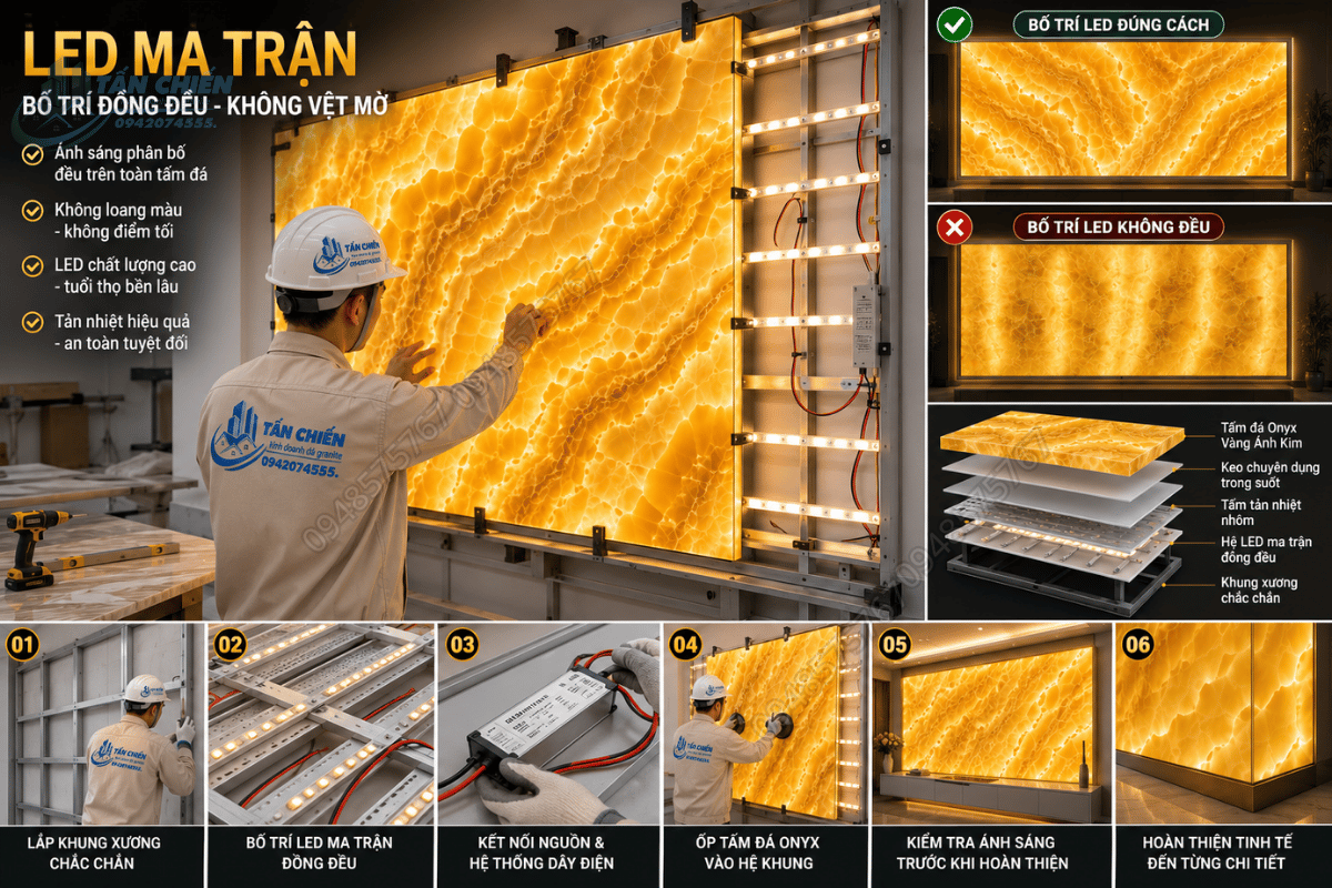 Lắp đặt hệ thống đèn Led ma trận hắt sáng mặt sau đá Onyx