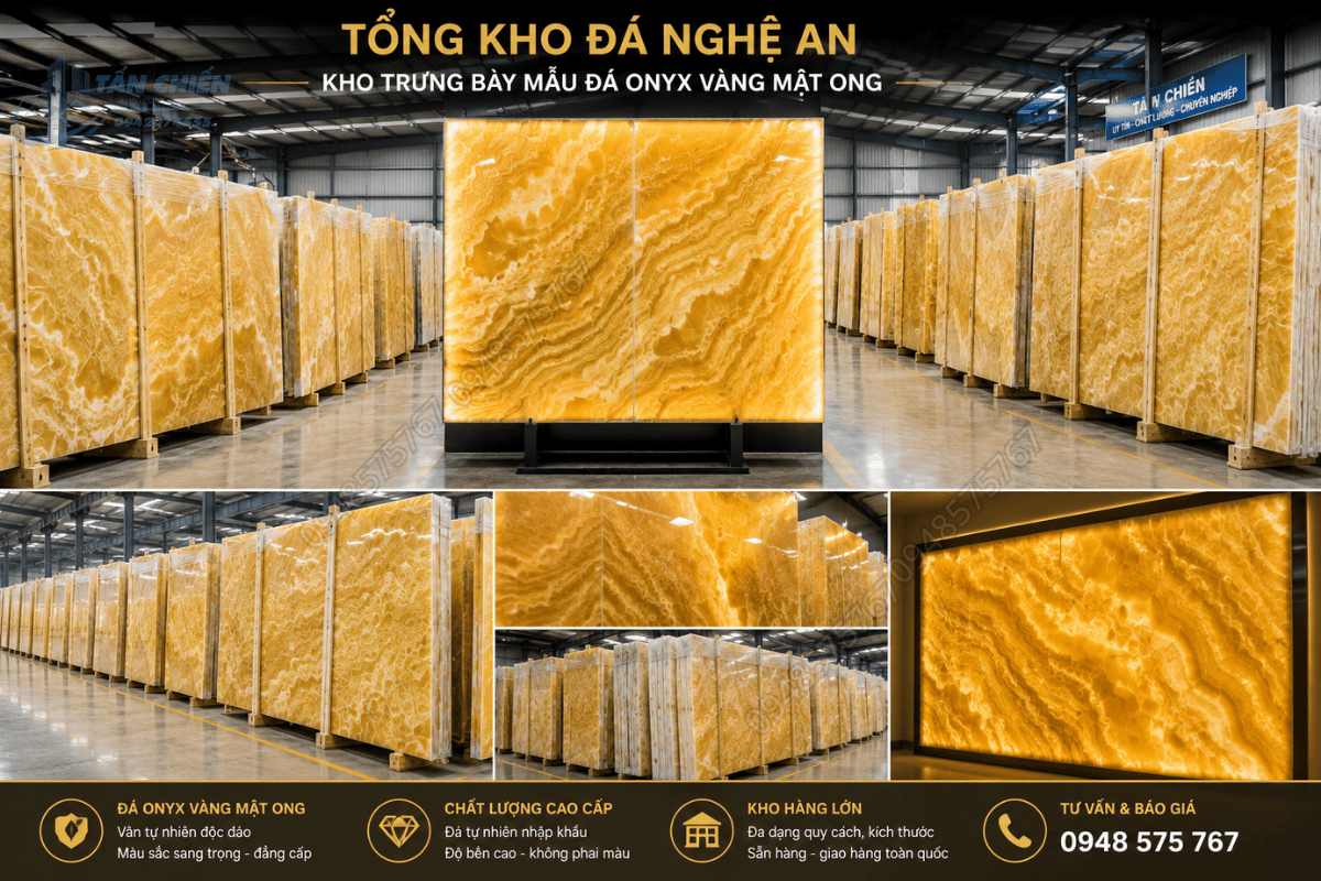 Kho trưng bày Mẫu Đá Onyx Vàng Mật Ong tại Tổng Kho Đá Nghệ An