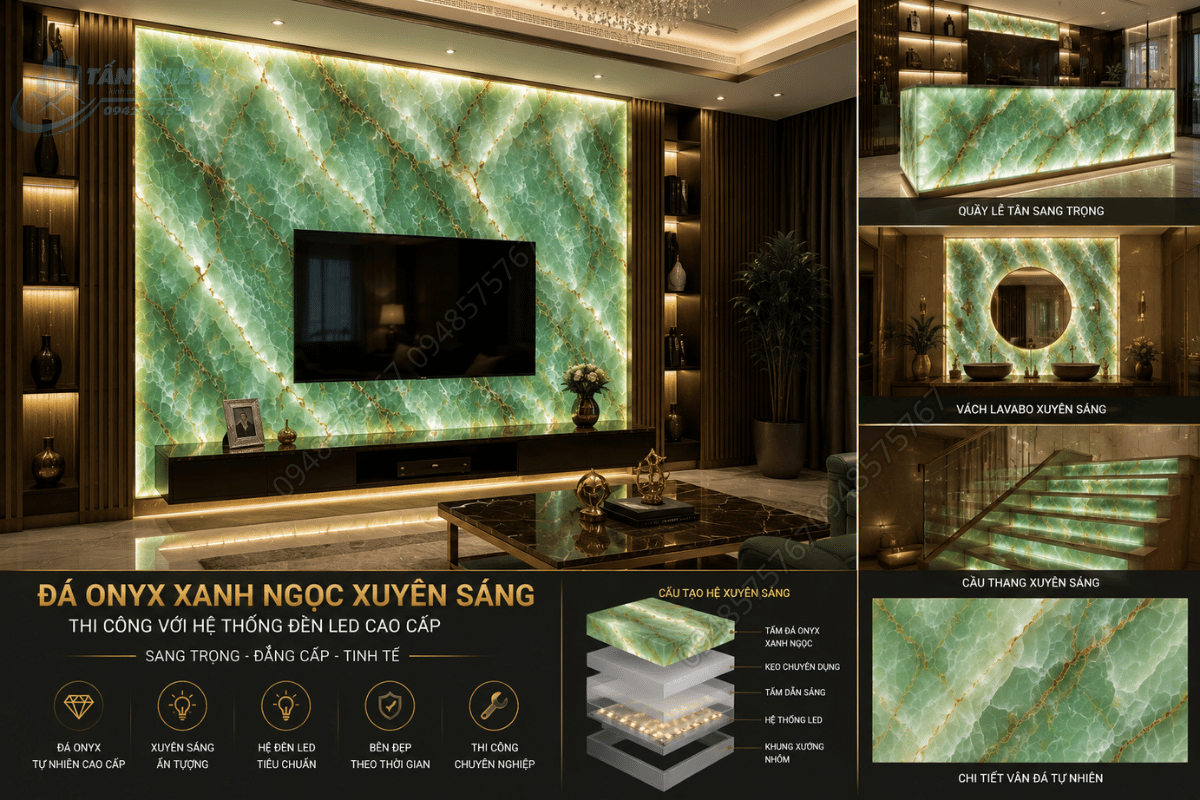 Mẫu Đá Onyx Xanh Ngọc được thi công xuyên sáng với hệ thống đèn LED