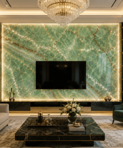 Ứng dụng Mẫu Đá Onyx Xanh Ngọc làm vách trang trí sang trọng cho phòng khách biệt thự