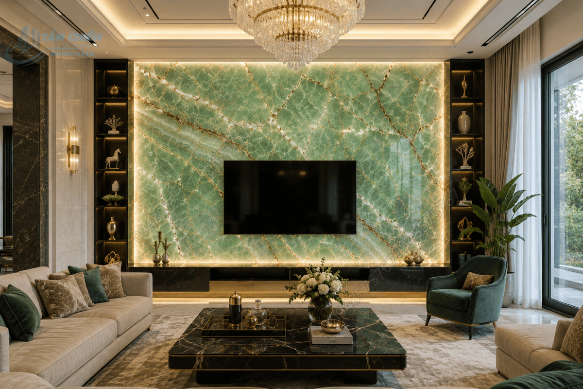Ứng dụng Mẫu Đá Onyx Xanh Ngọc làm vách trang trí sang trọng cho phòng khách biệt thự