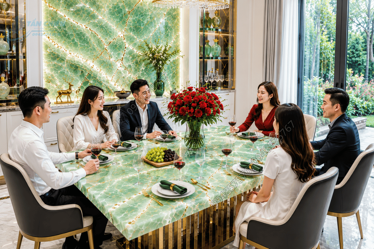 Bàn ăn mặt đá Onyx Xanh Ngọc đẹp mắt và ấn tượng