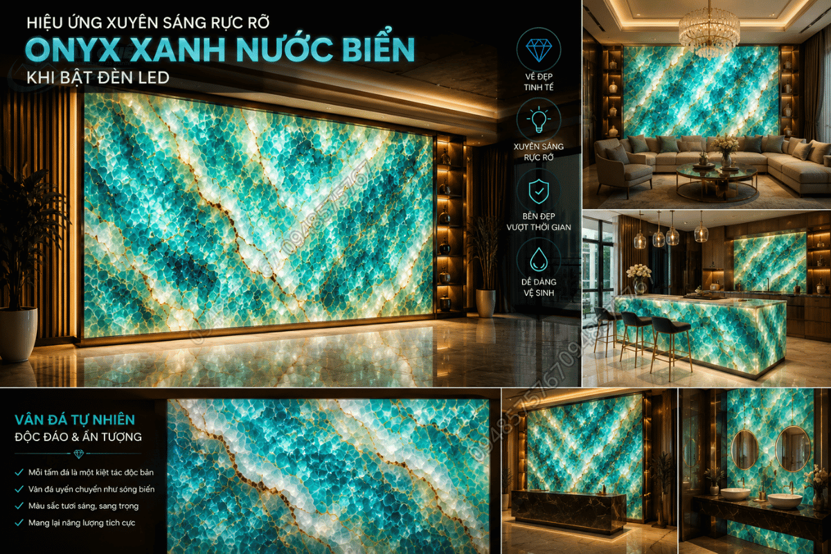 Hiệu ứng xuyên sáng rực rỡ của Mẫu Đá Onyx Xanh Nước Biển khi bật đèn LED