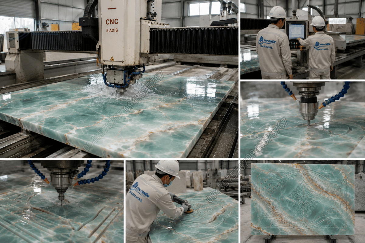 Quá trình cắt CNC và gia công chính xác Mẫu Đá Onyx Xanh Nước Biển tại xưởng