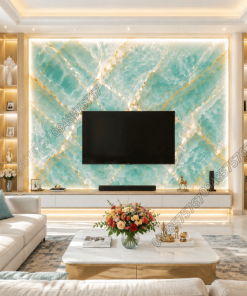 Ứng dụng ốp vách tivi xuyên sáng bằng Mẫu Đá Onyx Xanh Nước Biển trong biệt thự