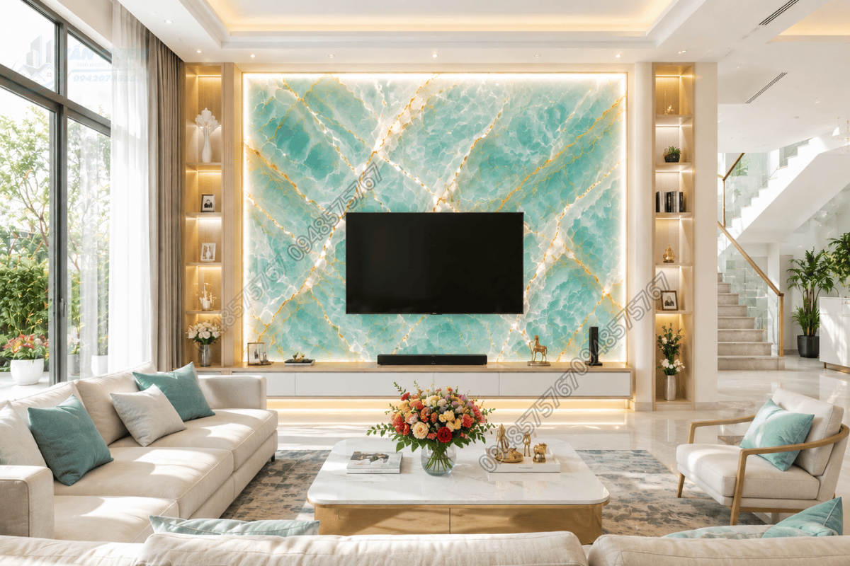 Ứng dụng ốp vách tivi xuyên sáng bằng Mẫu Đá Onyx Xanh Nước Biển trong biệt thự