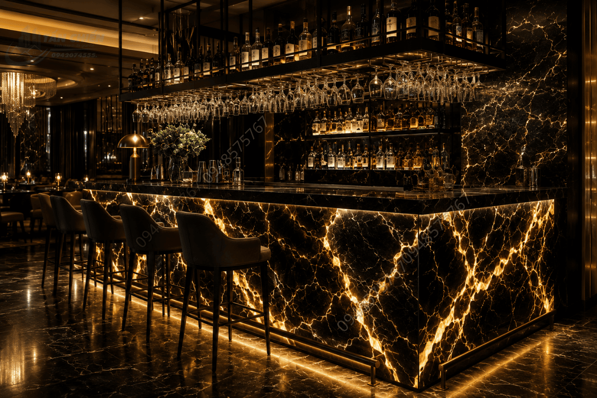 Quầy bar nhà hàng cao cấp sử dụng Mẫu Đá Onyx Đen tạo điểm nhấn quyền lực