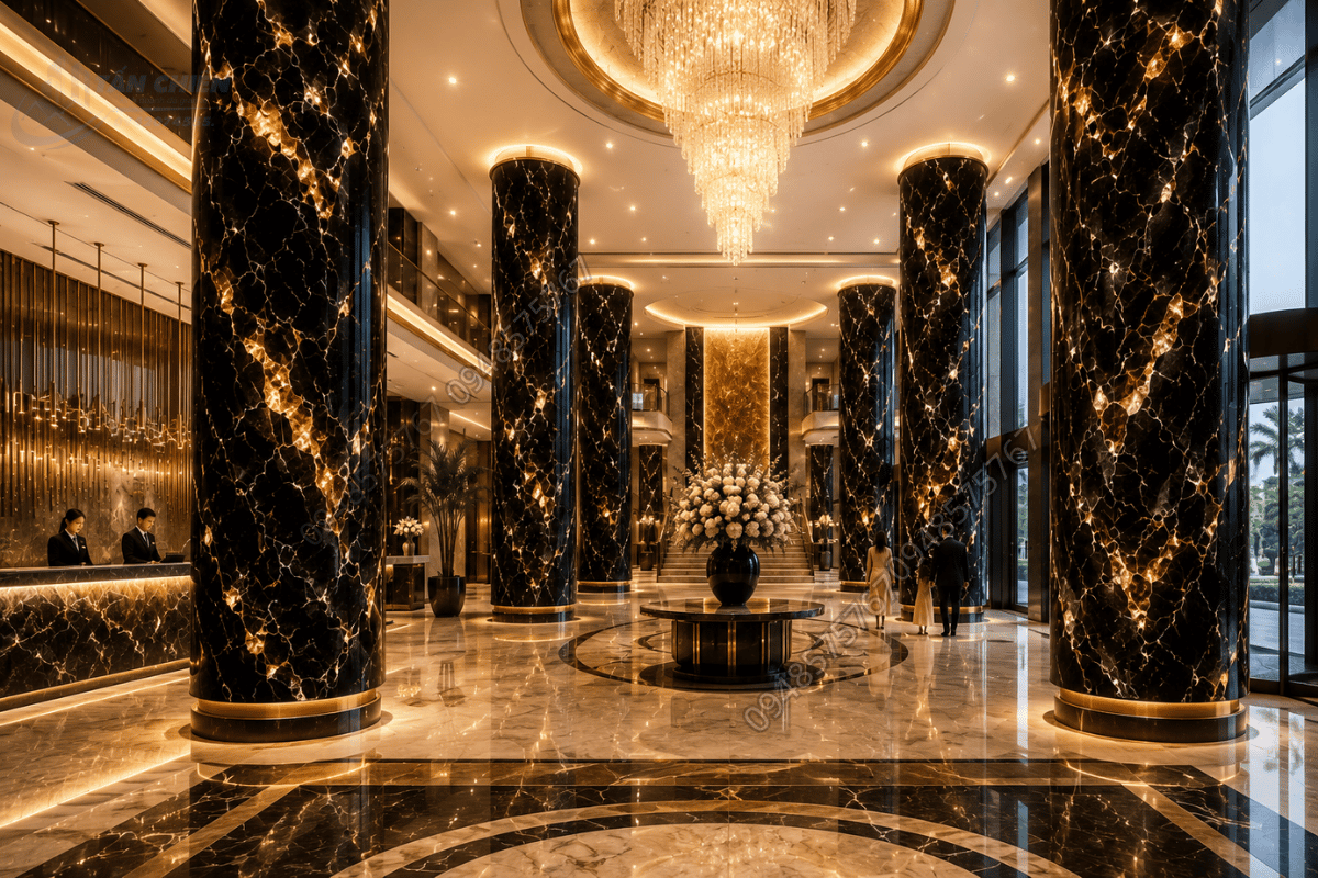 Không gian sảnh khách sạn 5 sao sang trọng với cột ốp Mẫu Đá Onyx Đen