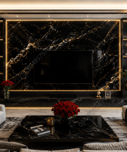 Ứng dụng Mẫu Đá Onyx Đen ốp vách tivi cho phòng khách biệt thự hiện đại