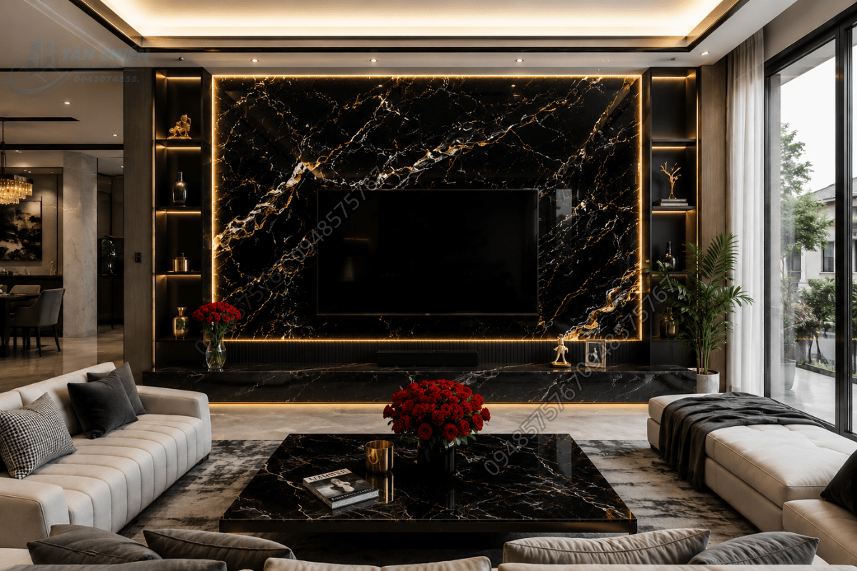 Ứng dụng Mẫu Đá Onyx Đen ốp vách tivi cho phòng khách biệt thự hiện đại