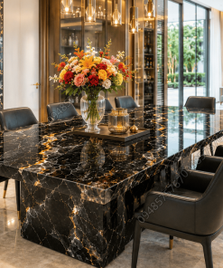 Bàn ăn mặt đá nguyên khối sử dụng Mẫu Đá Onyx Đen cực kỳ đẳng cấp