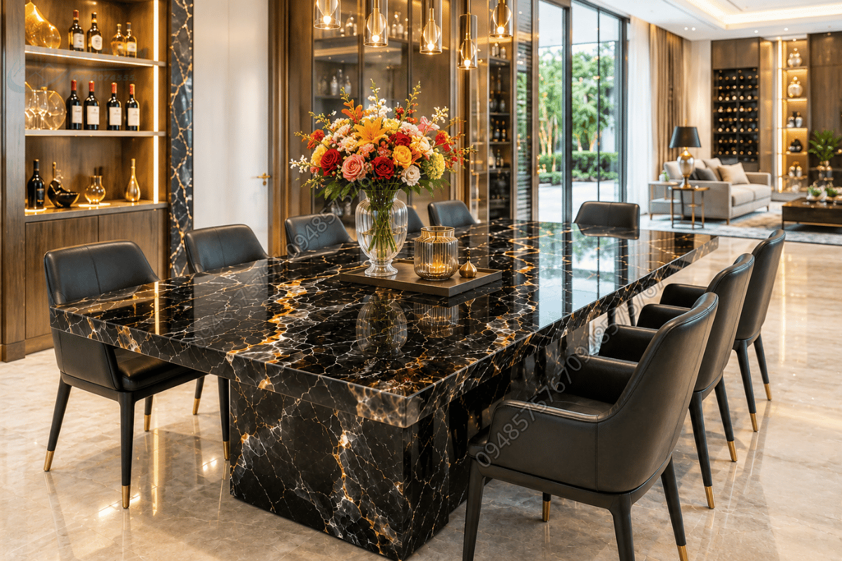 Bàn ăn mặt đá nguyên khối sử dụng Mẫu Đá Onyx Đen cực kỳ đẳng cấp
