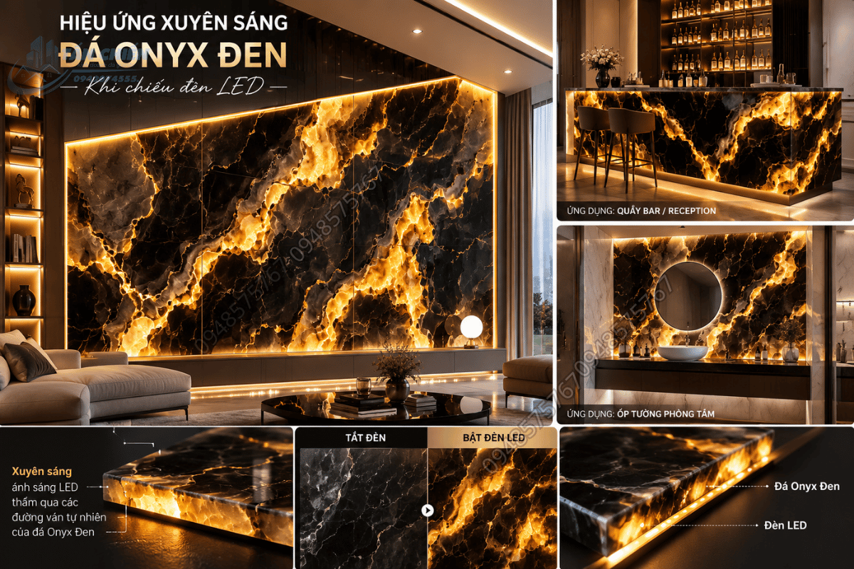 Hiệu ứng xuyên sáng độc đáo của Mẫu Đá Onyx Đen khi được chiếu đèn LED