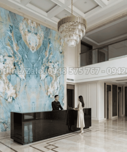 Tranh đá thạch anh tự nhiên vân xanh ngọc ốp sảnh biệt thự