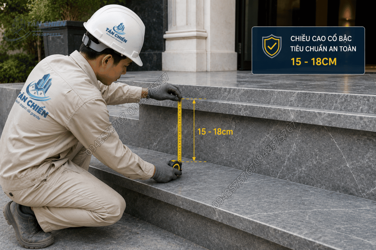 Kỹ thuật viên đo chiều cao cổ bậc khi thi công đá tam cấp