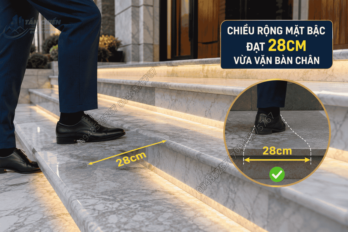 Căn chỉnh chiều rộng mặt bậc đá tam cấp chuẩn công thái học