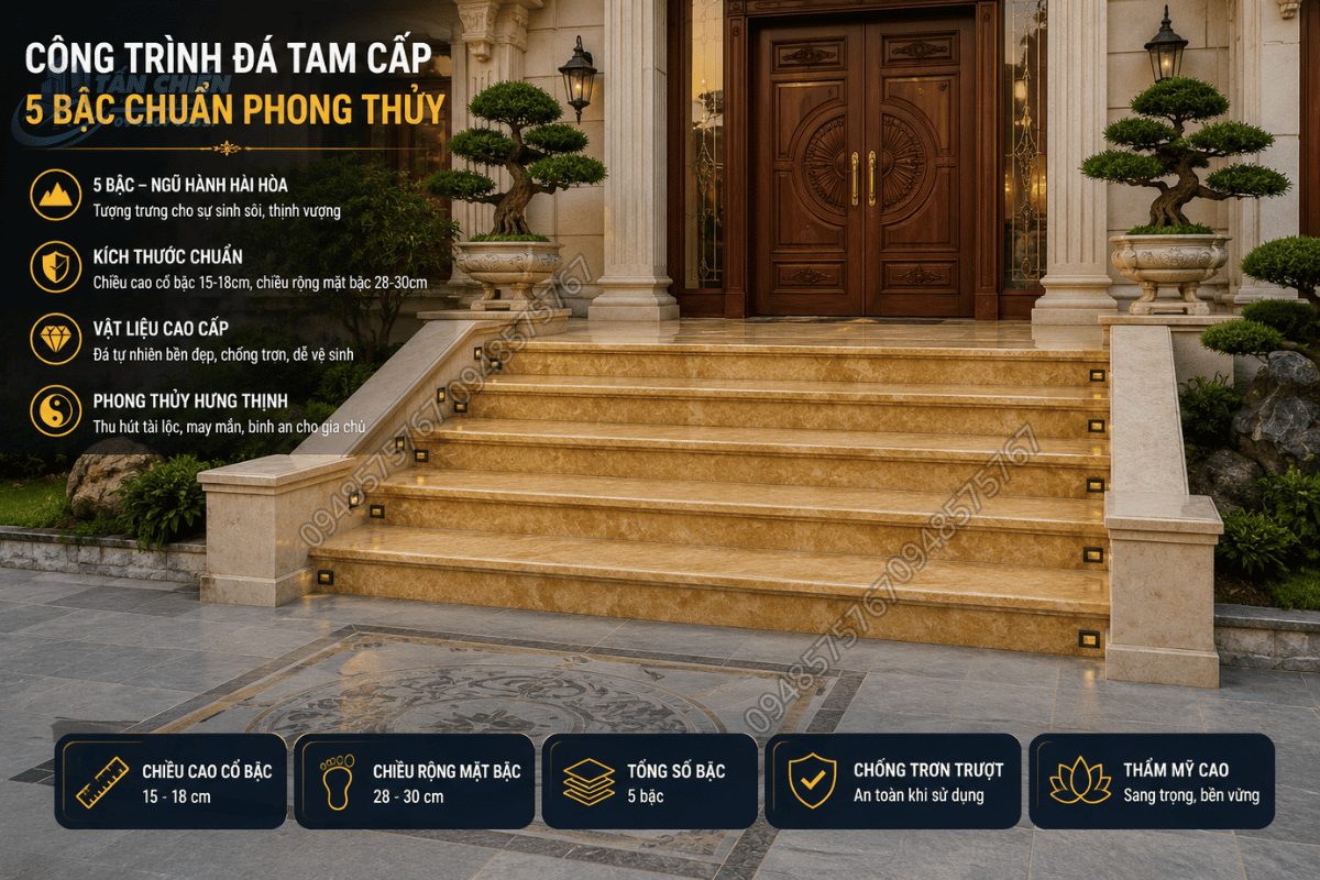 Hoàn thiện thi công đá tam cấp 5 bậc chuẩn phong thủy Ngũ Hành