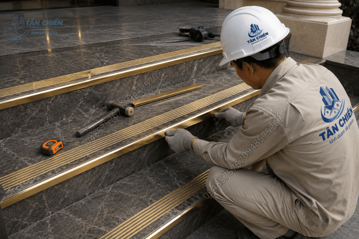 Khảm nẹp đồng chống trơn thi công đá tam cấp sang trọng