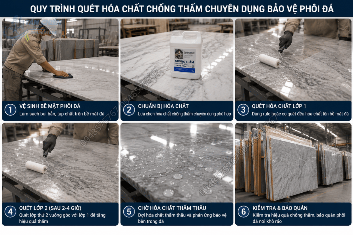 Quét hóa chất chống thấm 6 mặt trước khi thi công đá tam cấp