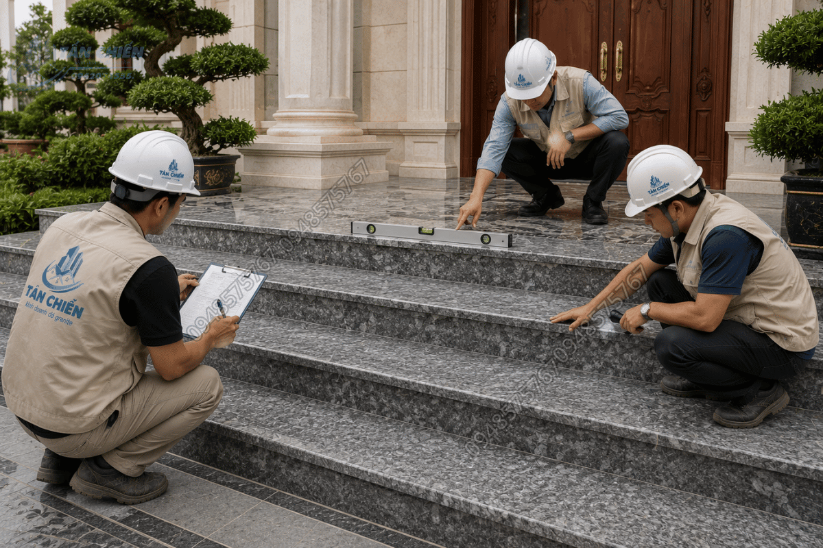 Kỹ sư kiểm tra mạch ron và nghiệm thu thi công đá tam cấp trọn gói