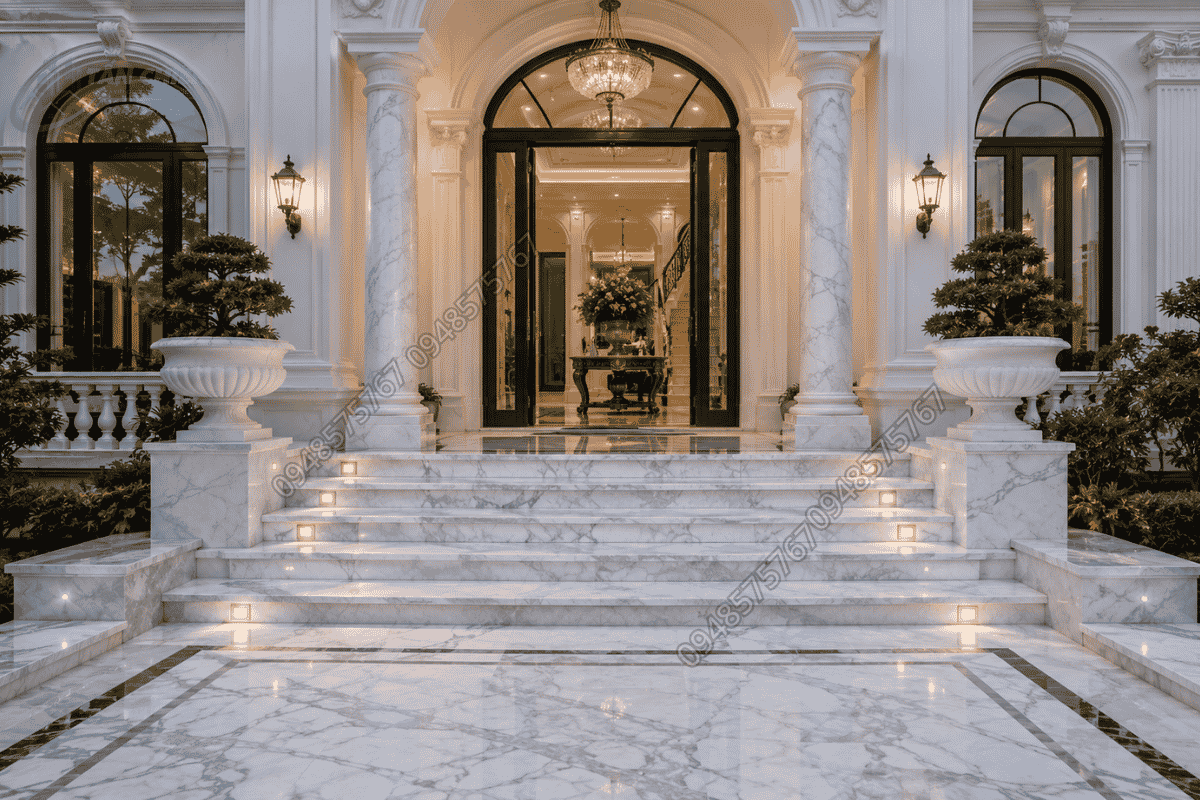 Ốp đá Marble tự nhiên sảnh tam cấp có mái che