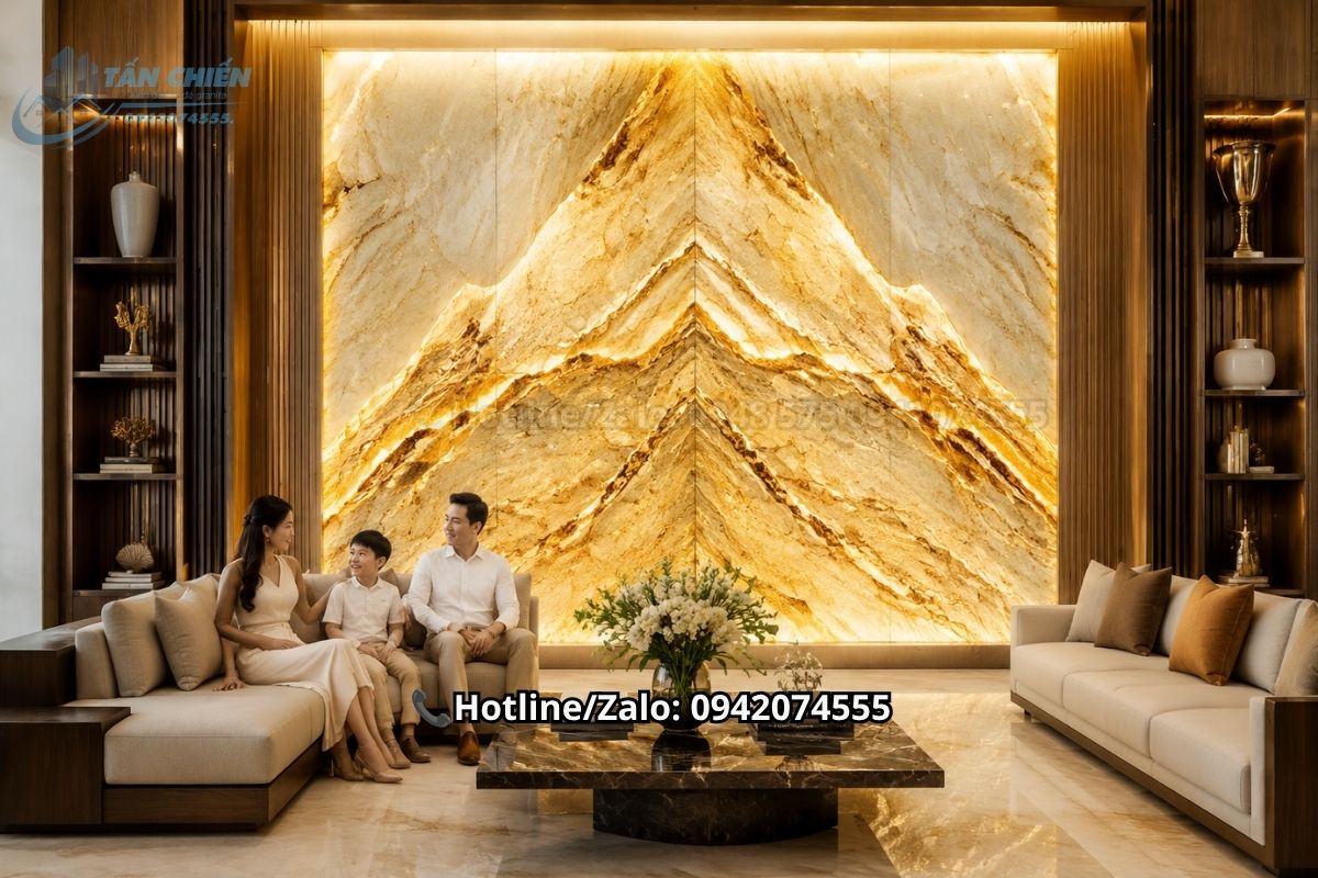 Tranh đá thạch anh màu vàng kim đối xứng tôn lên vẻ đẹp thượng lưu cho ngôi nhà