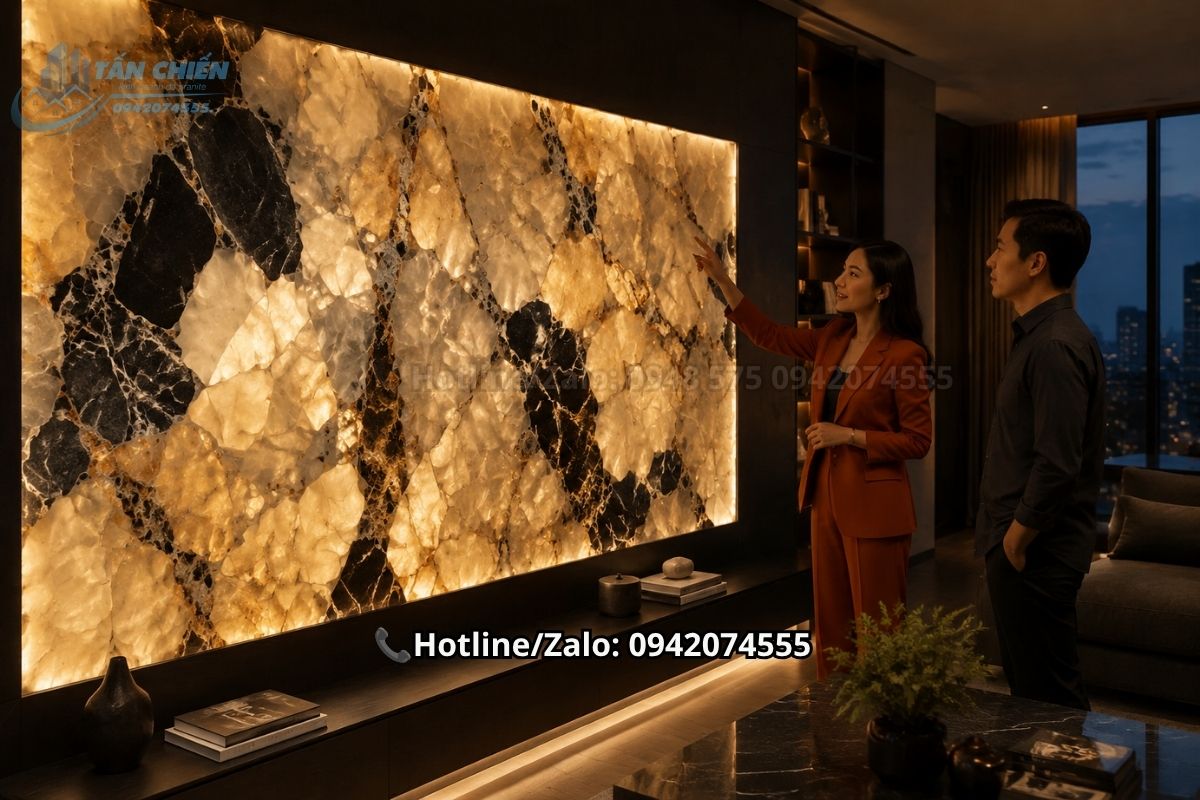 Hiệu ứng xuyên sáng tuyệt đẹp của bức tranh đá thạch anh Patagonia khi lên đèn