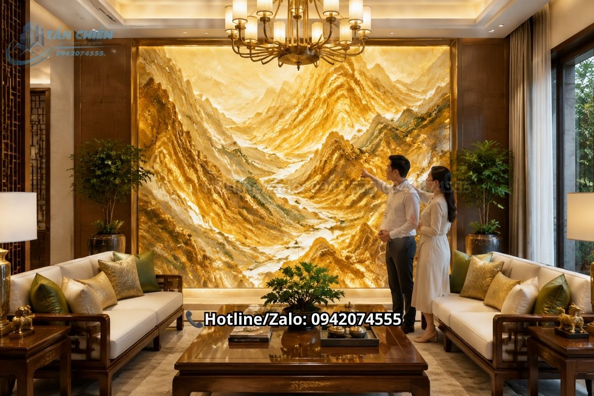 Tác phẩm tranh đá thạch anh màu vàng kim mang năng lượng phong thủy tài lộc
