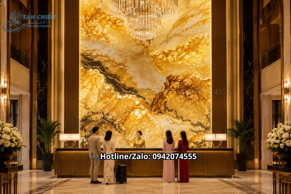 Không gian đại sảnh khách sạn đẳng cấp nhờ tranh đá thạch anh màu vàng kim