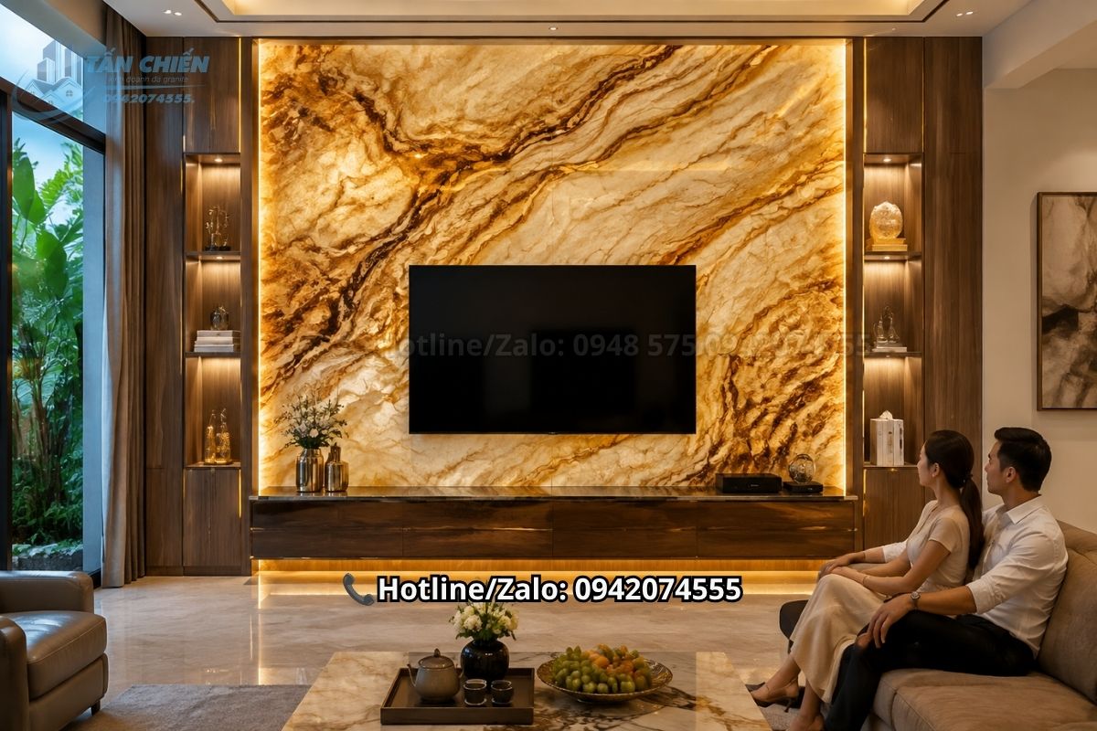 Ốp vách tivi bằng tranh đá thạch anh màu vàng kim sang trọng tinh tế