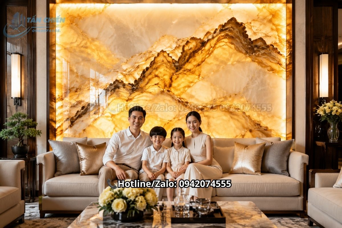 Tranh đá thạch anh màu vàng kim trang trí vách sau sofa biệt thự hiện đại