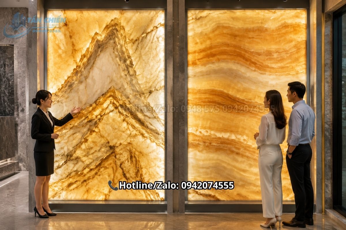 So sánh dòng tranh đá thạch anh màu vàng kim và tranh đá tự nhiên Onyx xuyên sáng