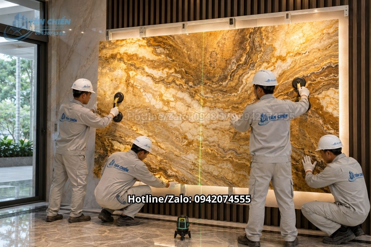 Đội ngũ Tấn Chiến thi công tranh đá thạch anh màu vàng kim uy tín tại Nghệ An