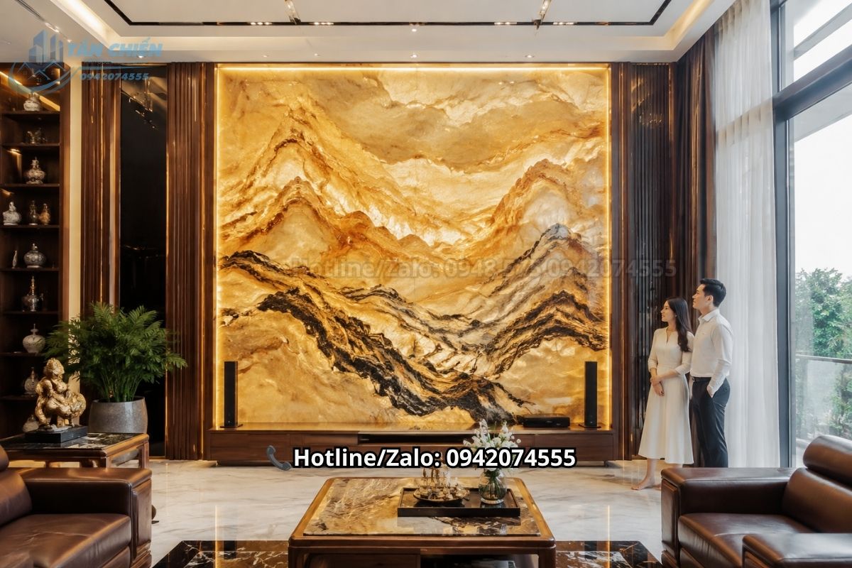 Mẫu tranh đá thạch anh màu vàng kim vân sơn thủy sang trọng cho vách phòng khách