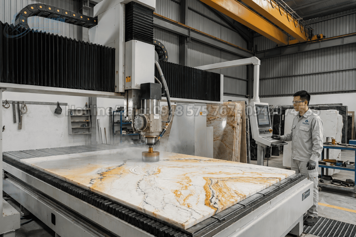 Gia công tranh đá thạch anh tự nhiên vân vàng trắng bằng CNC