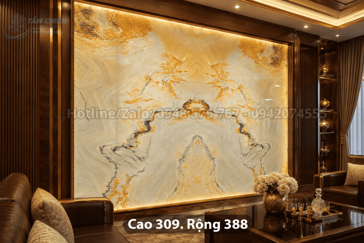 Tranh đá thạch anh tự nhiên ốp phòng khách biệt thự hiện đại