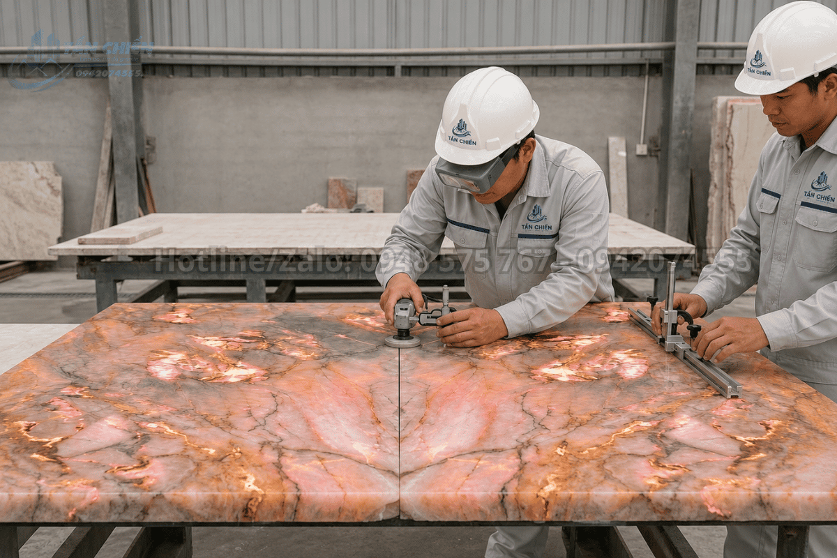 Gia công tranh đá thạch anh tự nhiên Bookmatch đối xứng