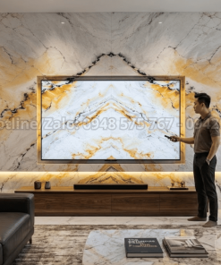 Tranh đá thạch anh tự nhiên vân vàng trắng làm vách tivi