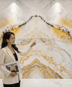 Tranh đá thạch anh tự nhiên vân vàng trắng ốp phòng khách cao cấp